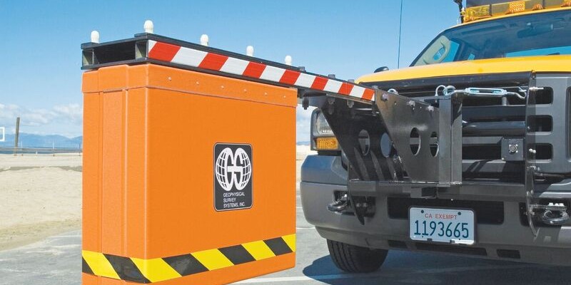 This large, cart-style GSSI GPR unit is mounted on a vehicle for sampling at reasonably high speeds.