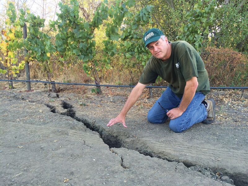 Hudnut indicates a surface rupture following the August 2014 South Napa earthquake. USGS photo by Dale Cox.