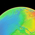Color coding in this image of Mars represents differences in elevation, measured by NASA's Mars Global Surveyor. While surface liquid water is rare and ephermal on modern Mars.