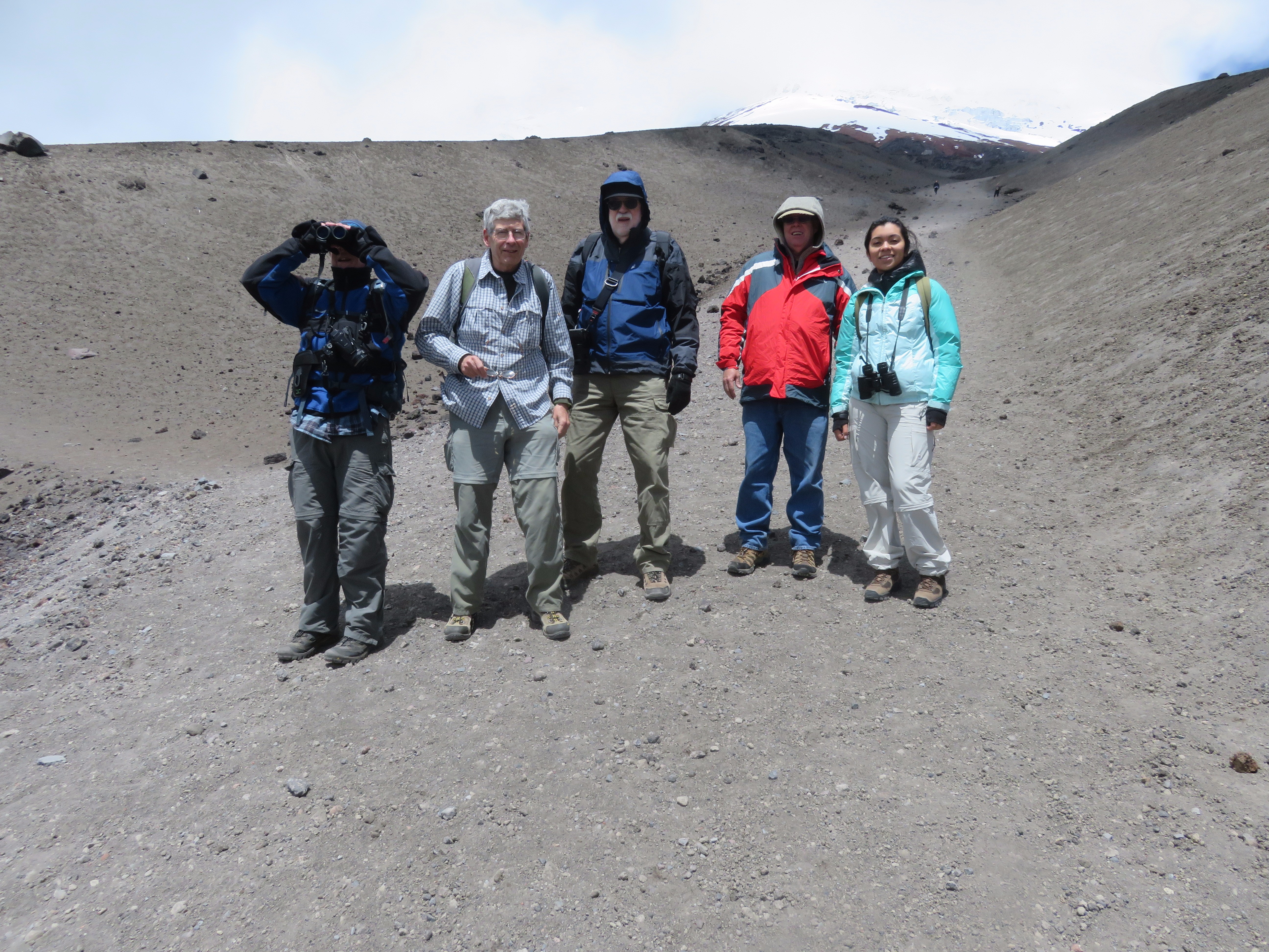 The Cotopaxi hike. From left to right: Mark Armstrong, Ken Bays, Rich Leu, John Hamilton, and their guide Anna.