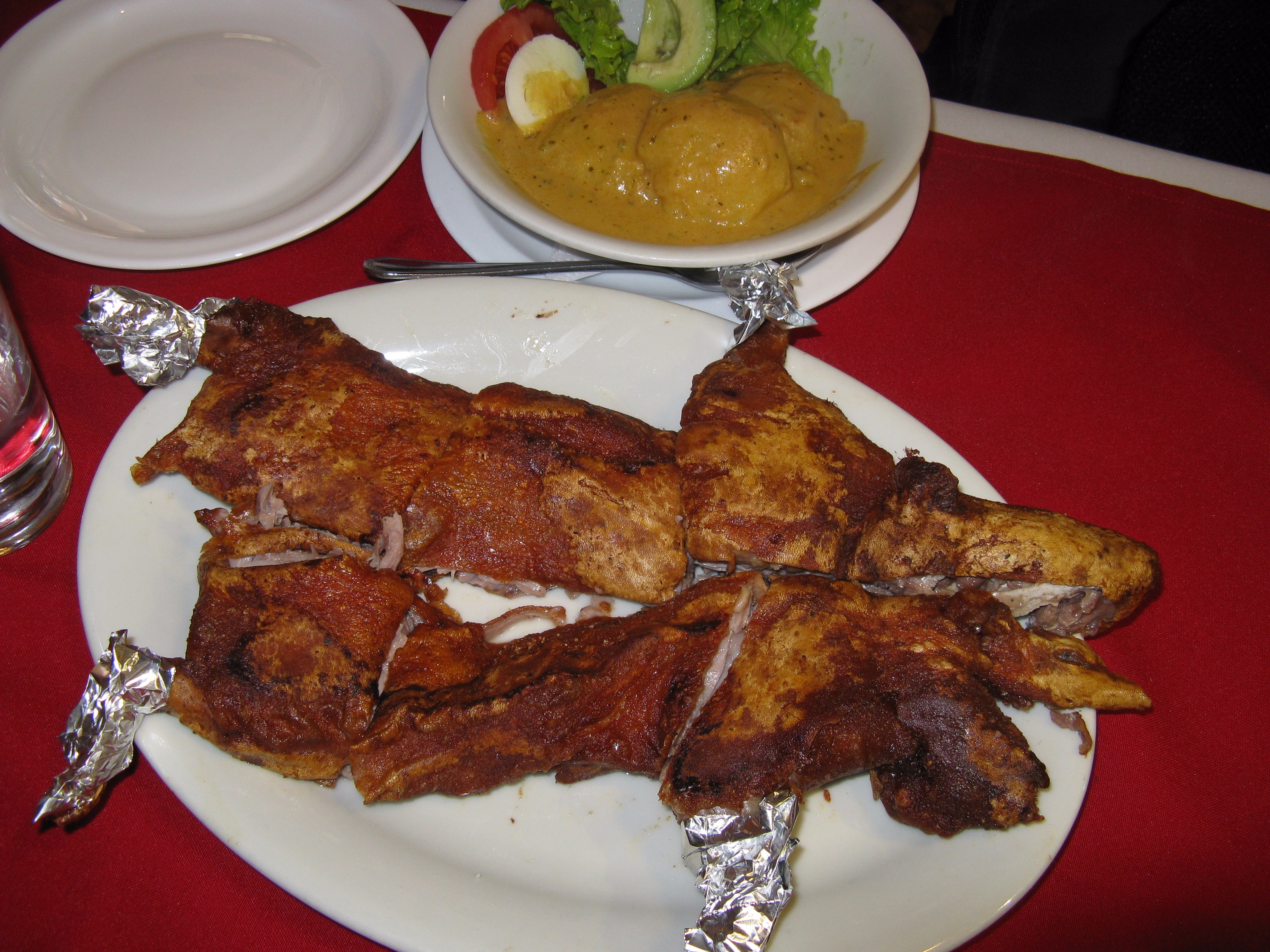 The team tried a local delicacy, cuy (guinea pig).