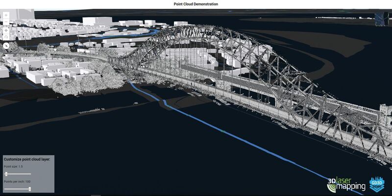 The Jubilee Bridge near Runcorn, UK, captured using the ROBIN mobile laser scanner from 3D Laser Mapping and 3D vector buildings added for analysis.