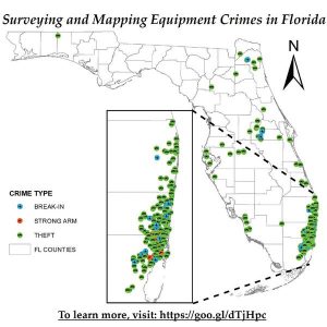 FIGURE 2: Map of reported crime locations involving surveying equipment from 2002 through May 2017 in Florida, with an inset map featuring Miami-Dade, Bro- ward, and Palm Beach counties.