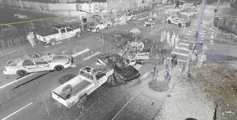 In this point cloud of a collision scene, ghost images of troopers are captured as personnel moved through the scene during scanning.