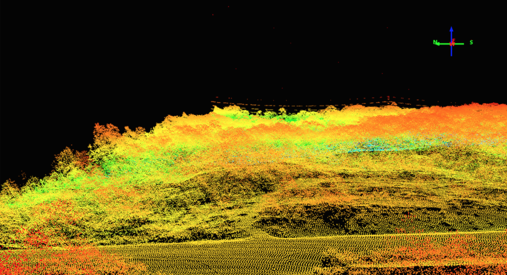 This lidar point cloud is of a cross-country electrical transmission line (at the top of the point cloud) captured with Midwest Aerial’s initial purchase, an older lidar system.