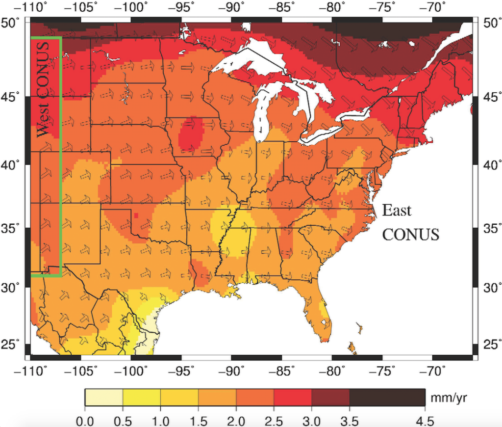 Horizontal velocities in eastern CONUS relative to the NAD_83(2011) realization of the North American Datum of 1983. Credit: NOAA.