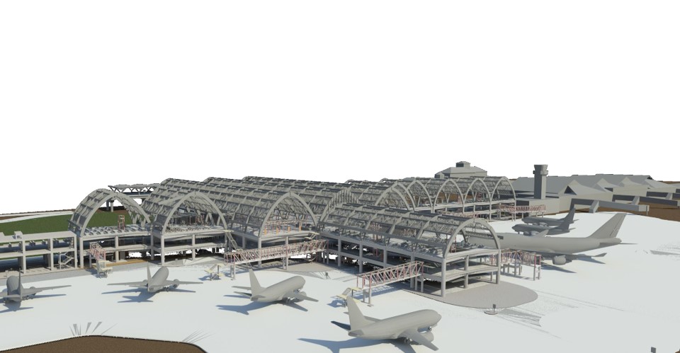 The virtual airport created with BIM/3D massing models showing the control tower, roof arches and shading structure, with planes on the taxiway. © Arup 