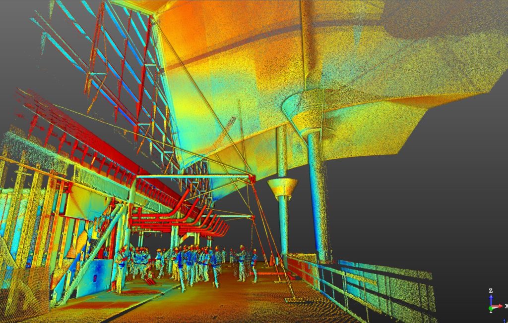 The point cloud data generated from the Trimble X7 laser scanner is analyzed on-site and compared to a 3D BIM model of the design to identify potential discrepancies.