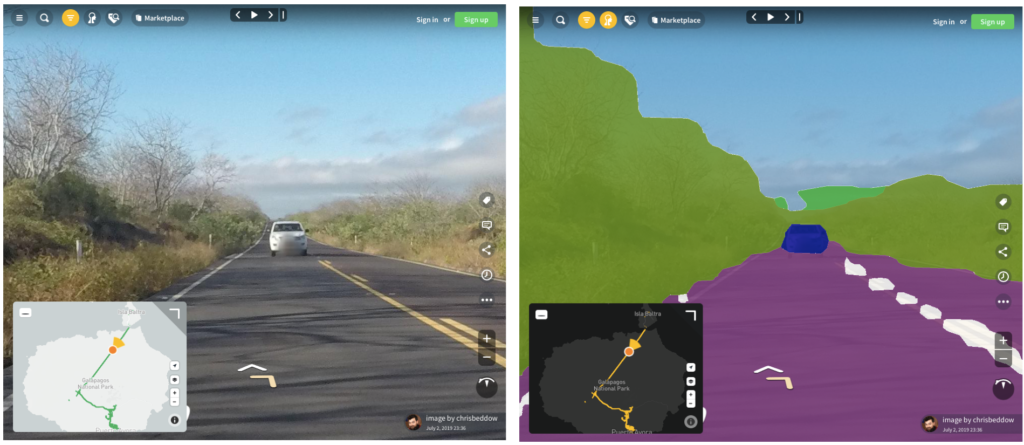 Mapillary’s computer vision technology uses the 360° imagery (left) of a scene captured in a rural highway in the island of Santa Cruz in the Galapagos, to identify several street objects (right) such as the car, road, lane markings, vegetation and sky. View the 360° imagery here: www.mapillary.com/map/im/Stomyoc-h0xhLN9ytiiuzQ