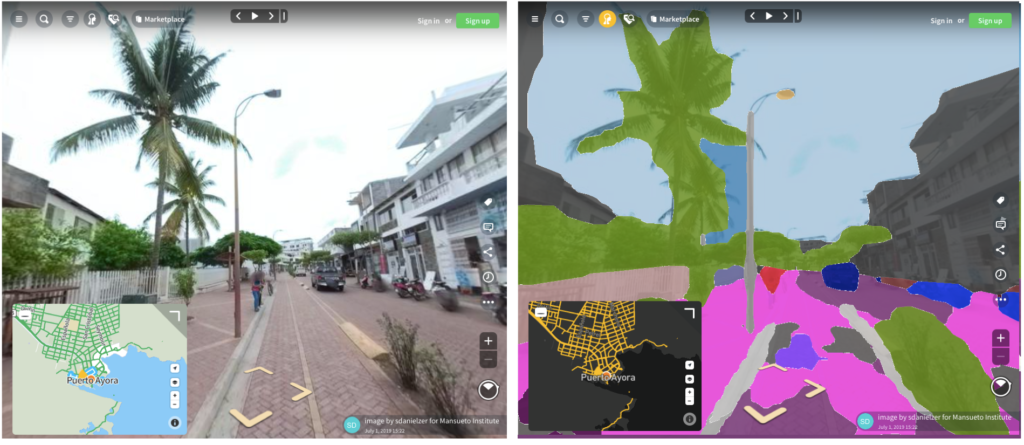 The main street of Puerto Ayora in the Galapagos is rendered as 360- degree imagery (left) in Mapillary by stitching together several images. Mapillary also uses the same imagery to divide the street objects into discrete units (right), namely, road, side walk, vehicles, p ole, fenc e, buildings, sky and vegetation. View the imagery here:www.mapillary.com/map/im/SJLg5B-MkwAZLmHM3DSbeQ