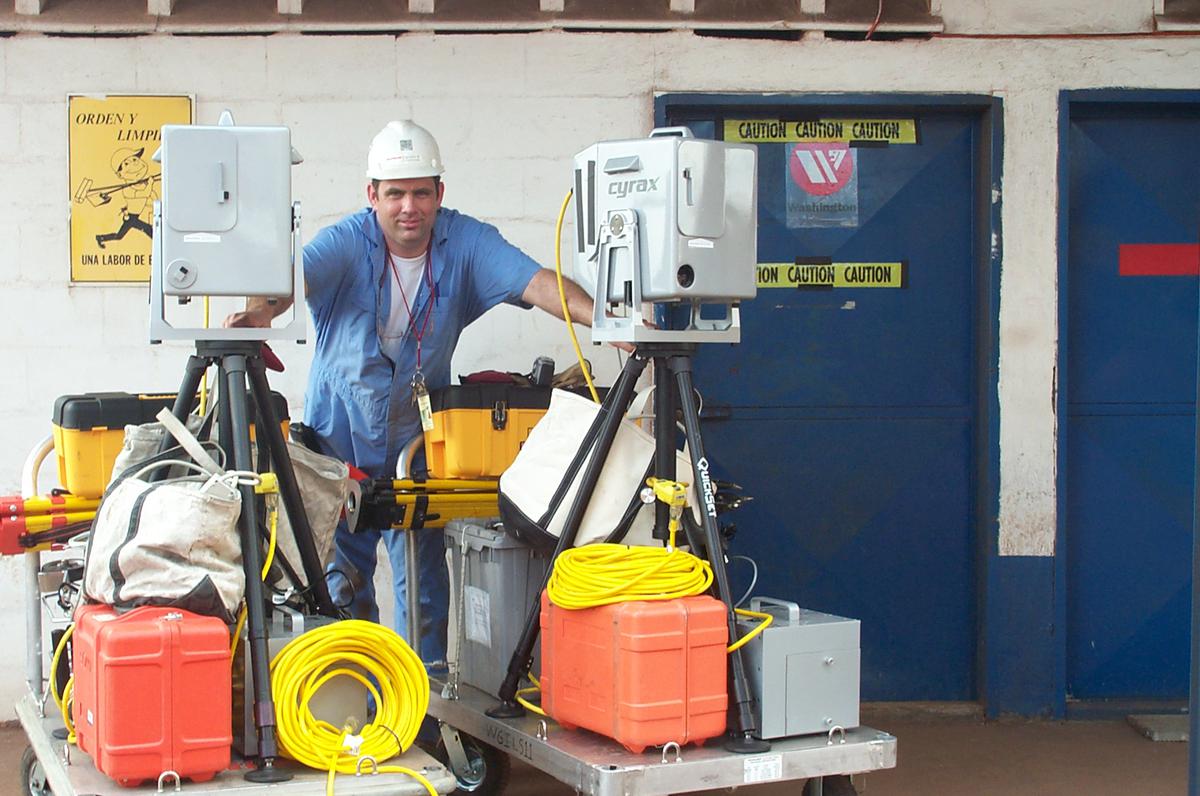 Derrel Shaffer (lthis picture) and Greg Lawes (other picture) were alpha and beta testers with Raytheon Engineers & Constructors. Greg is shown with second generation Cyrax laser scanners, Cyrax 2500s.