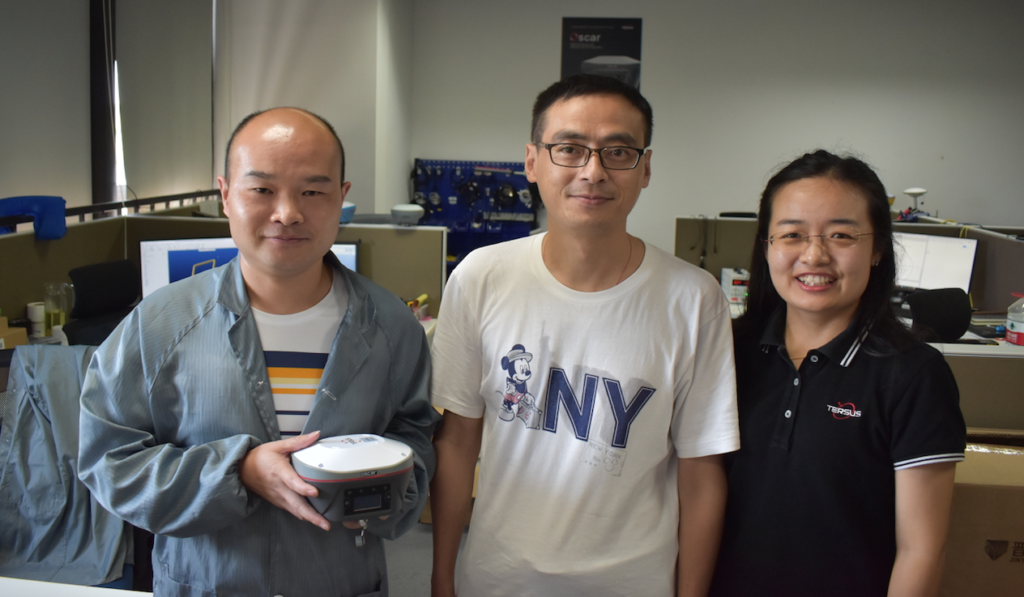  Tersus team members Zhonghai Zou, production engineer, Sen Liu, vice general manager,  and Cathy Liu, product document engineer.
