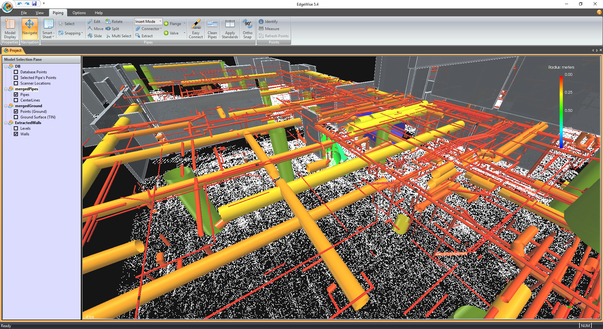 Point cloud processing in EdgeWise database with extracted elements from the point cloud database overlaid to the point cloud. Lower left: Point cloud processing into EdgeWise database with extracted elements from the point cloud database only.