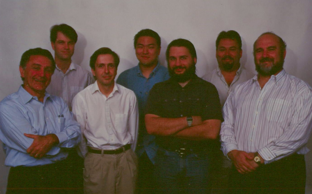 Cyra Technologies pioneering talent. From left to right, front row: Ben Kacyra (Cyra CEO), Grant McKinney, Rick Bukowski, Jerry Dimsdale (invented the 3D laser scanner and its calibration system). Back row: Kevin Hep-pell, Jonathan Kung, Chris Thewalt. All (except Kacyra) were from the University of California-Berkeley. Image courtesy: Ben Kacyra